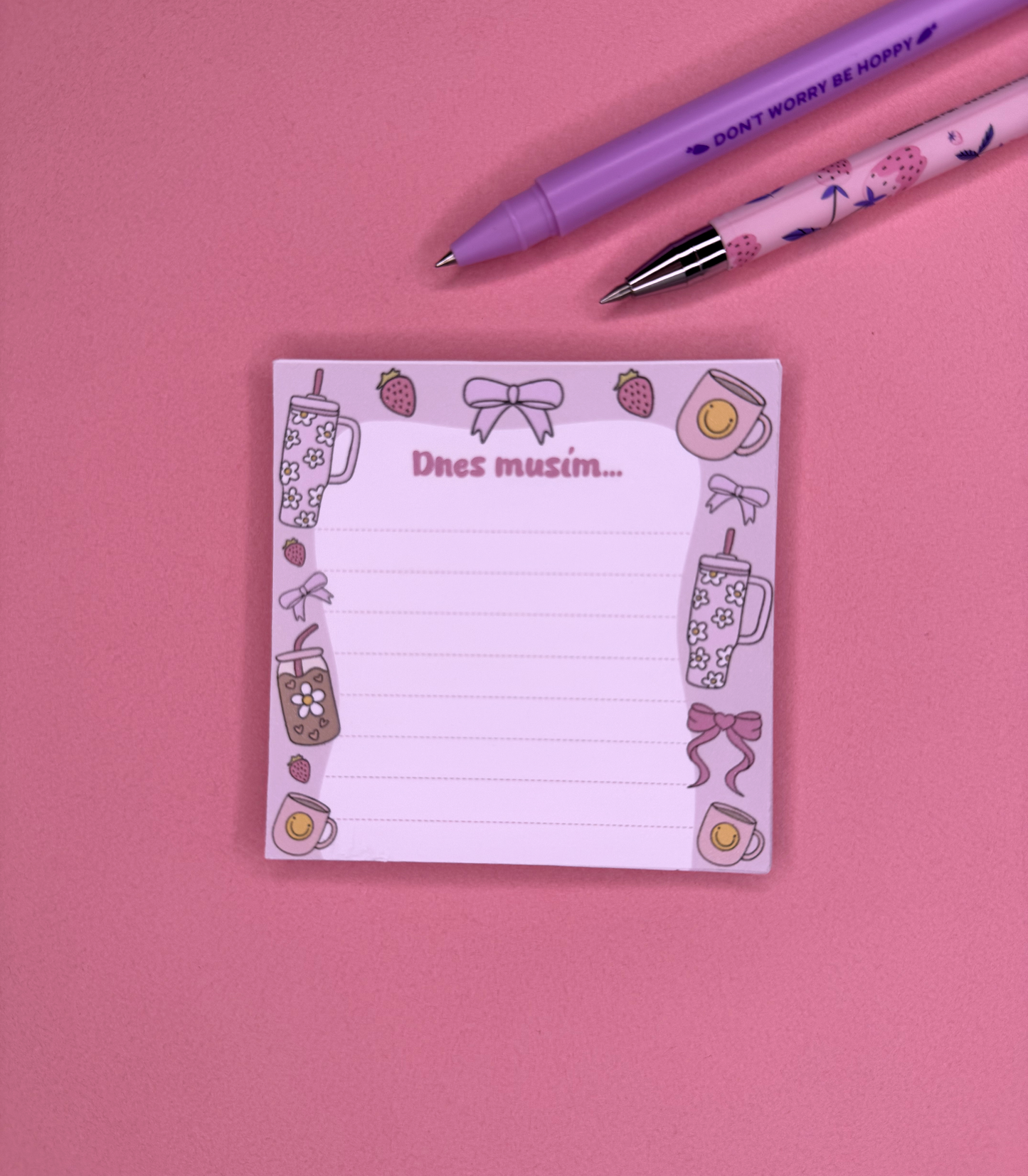 🎀 Mini bloček s motivem hrníčků, termosek a mašlí