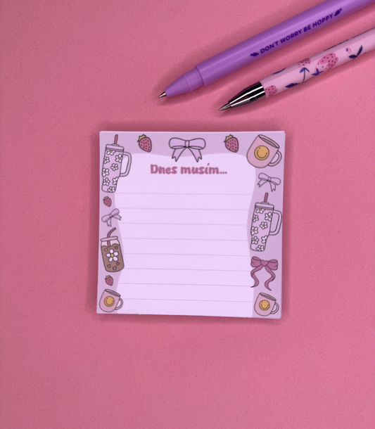 🎀 Mini bloček s motivem hrníčků, termosek a mašlí